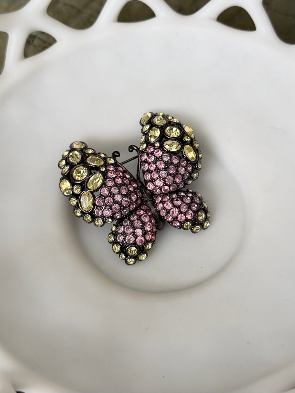 Nolan Miller Pink and Pale Yellow Crystal Butterfly Pin